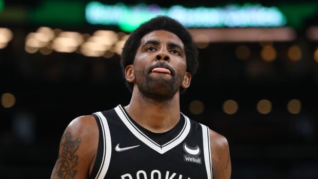 Kyrie Irving looks onward during a game.